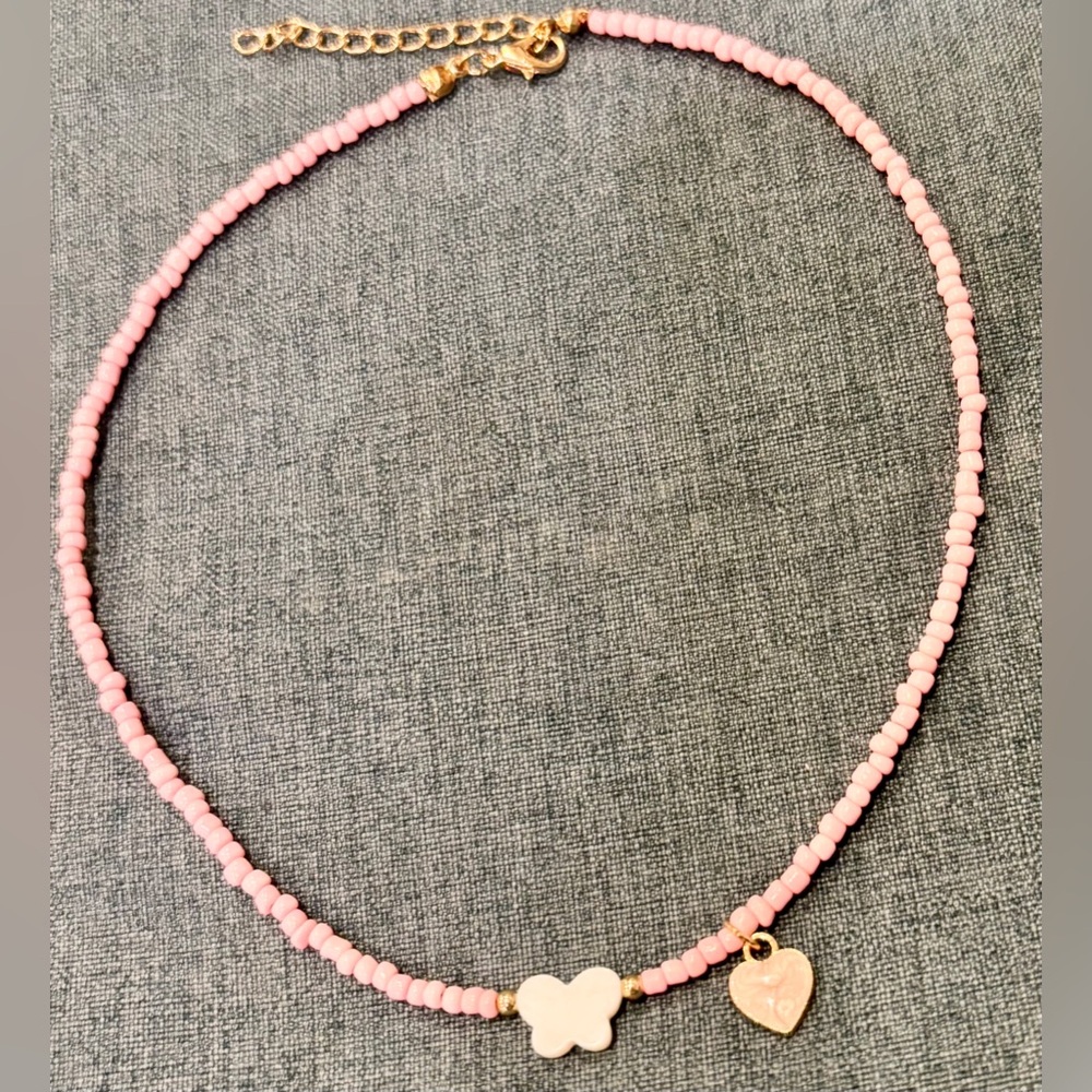 Pink Beaded Necklace with Enameled Pink Heart & White Butterfly Charms
